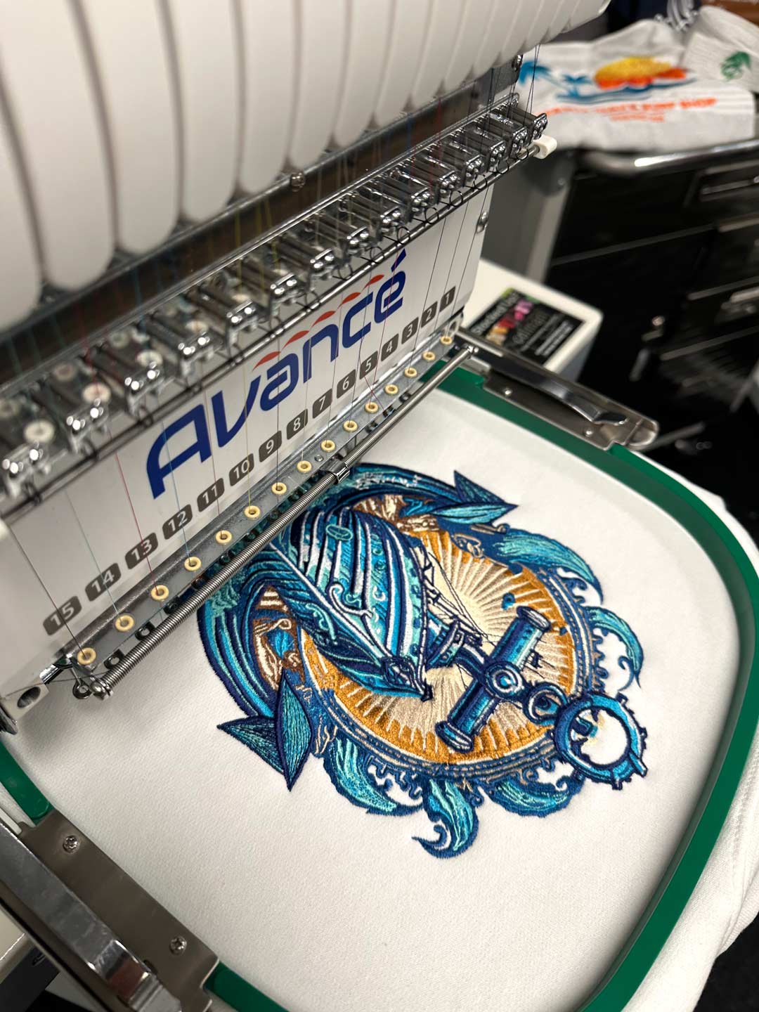 High-Volume Embroidery Machine sewing out a nautical design